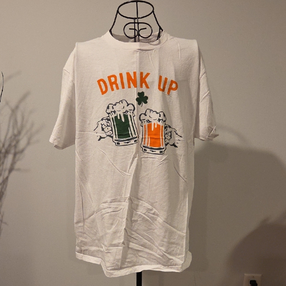 Melmarc White Cotton Tee- Drink Up. Great For ST. PADDY'S DAY